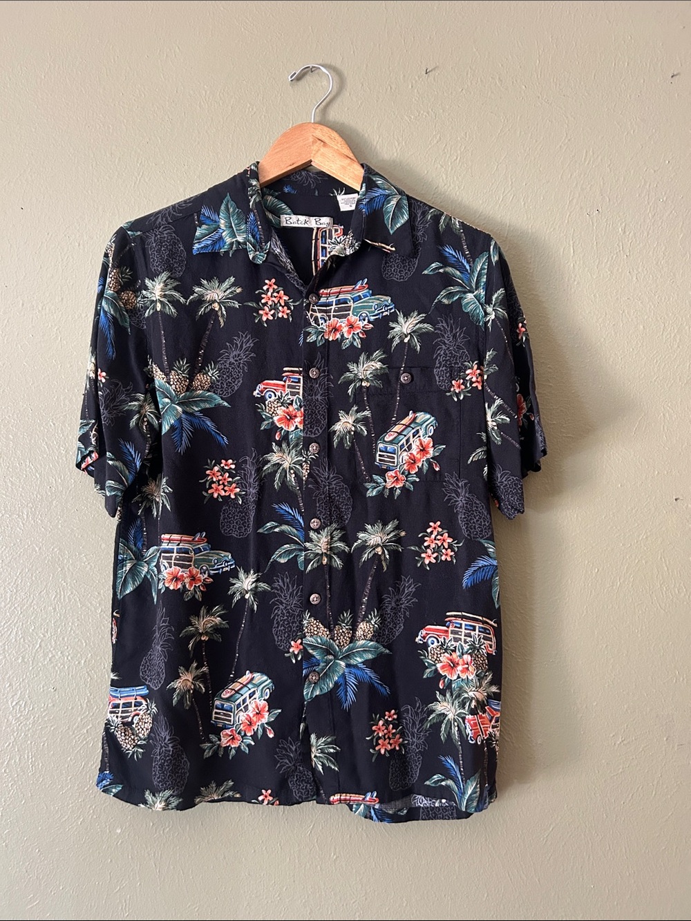 Batik Bay Black Tropical Surf Van Camp Hawaiian Shirt with Blue & Coral Accents